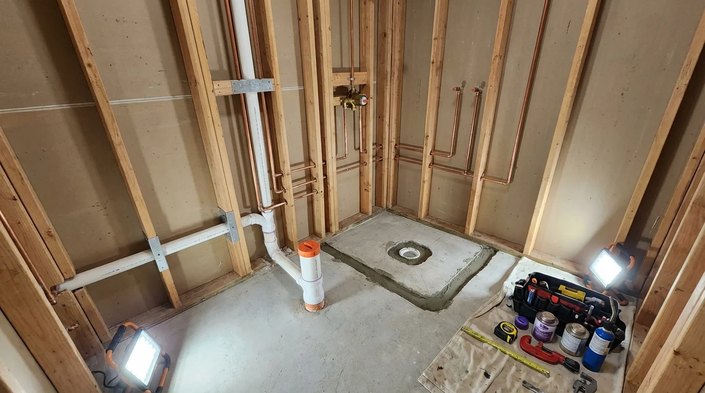 Bathroom rough-in plumbing during remodel by Johns Plumbing LLC in Hawaiian Gardens