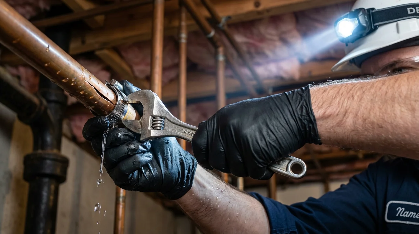 Emergency pipe clamp repair being performed by a Johns Plumbing LLC plumber in Hawaiian Gardens