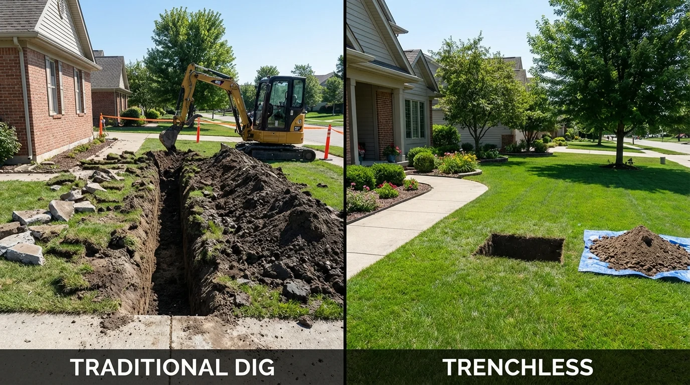 Trenchless sewer repair with minimal yard damage versus traditional excavation in Hawaiian Gardens, CA