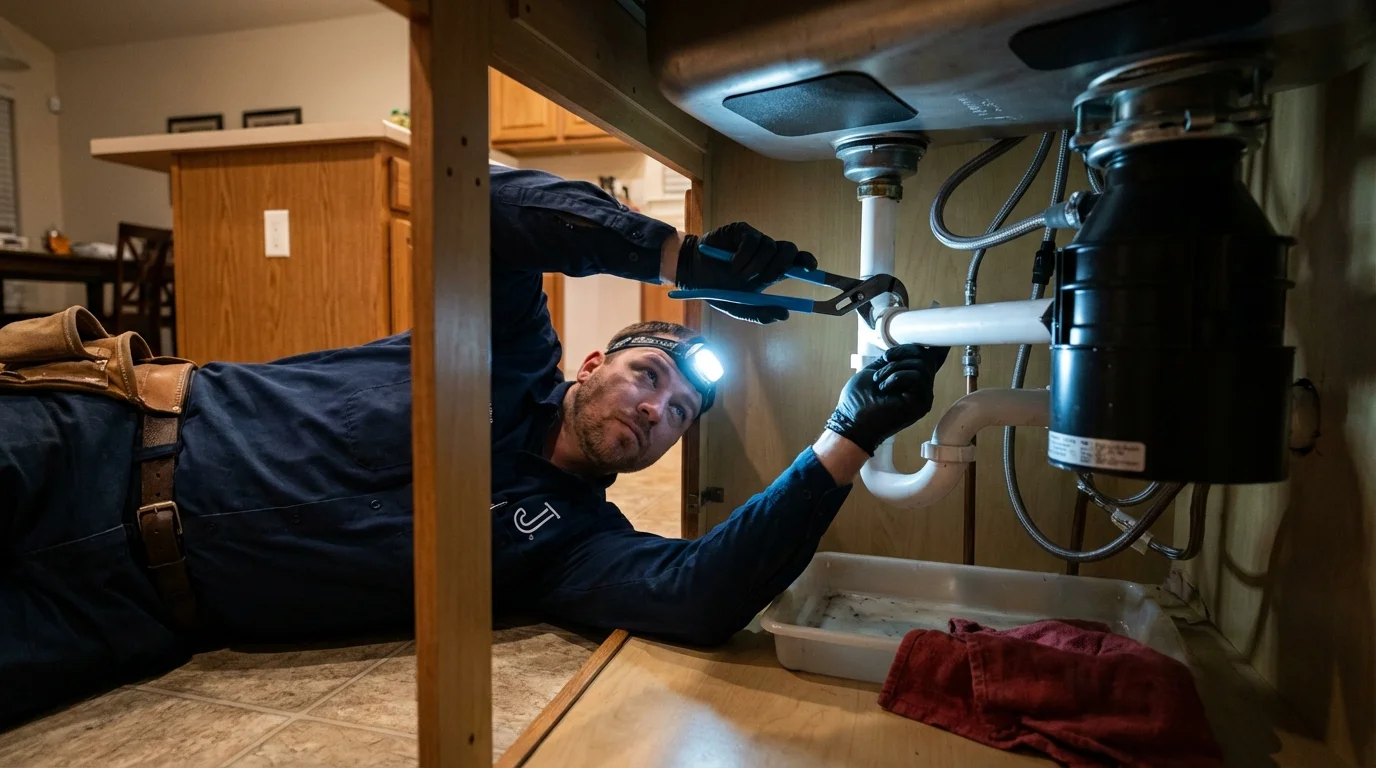 P-trap and supply line connections under a kitchen sink showing a common leak point in Hawaiian Gardens, CA